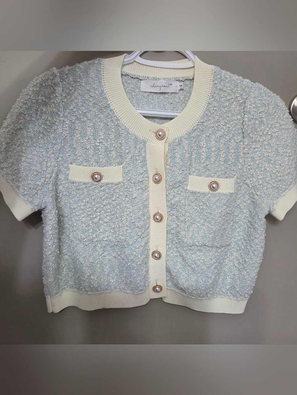 Cropped Bouclé Button Cardigan in Cream and Light Blue